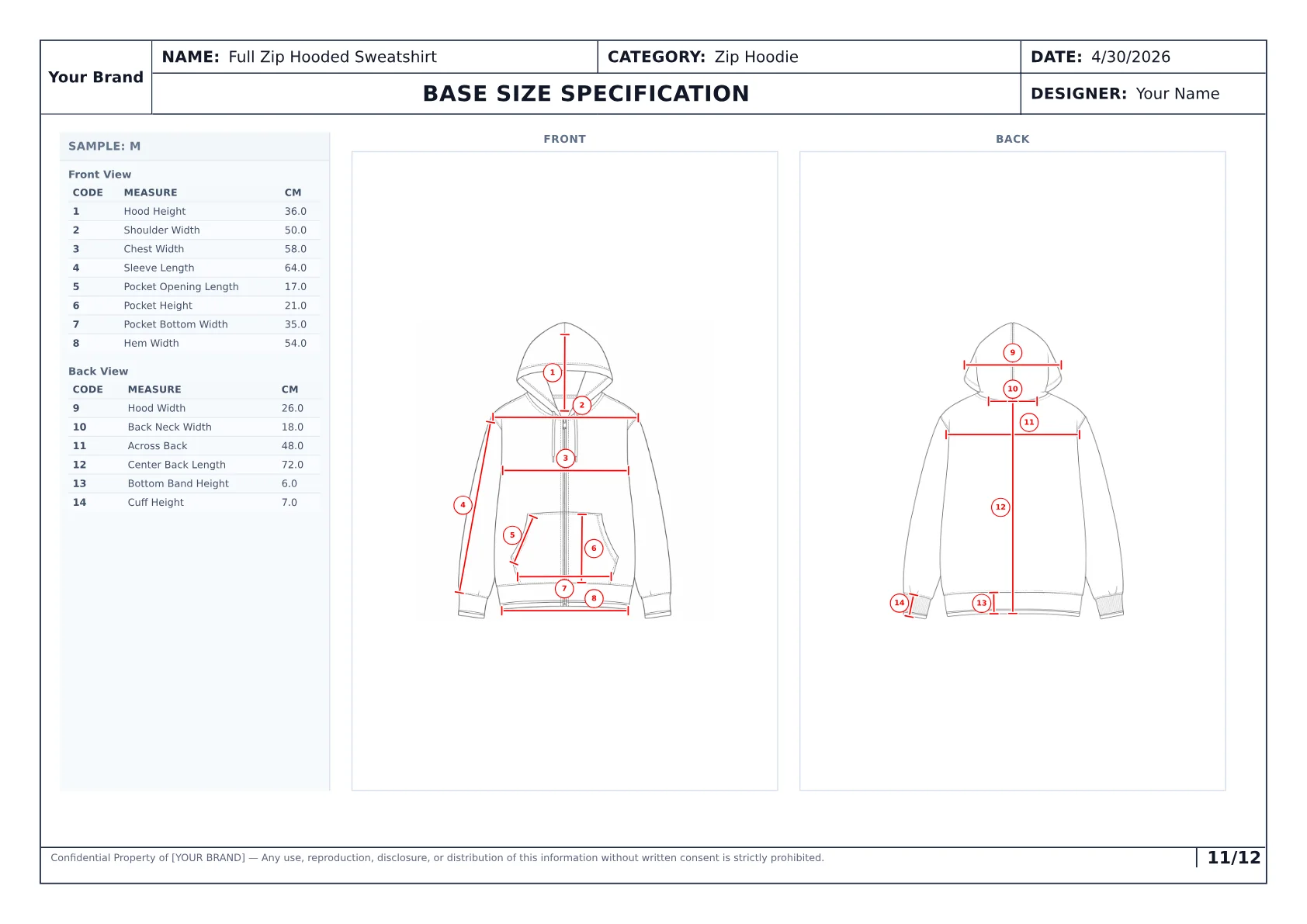 Generated hoodie tech pack measurement page for sample and fit review