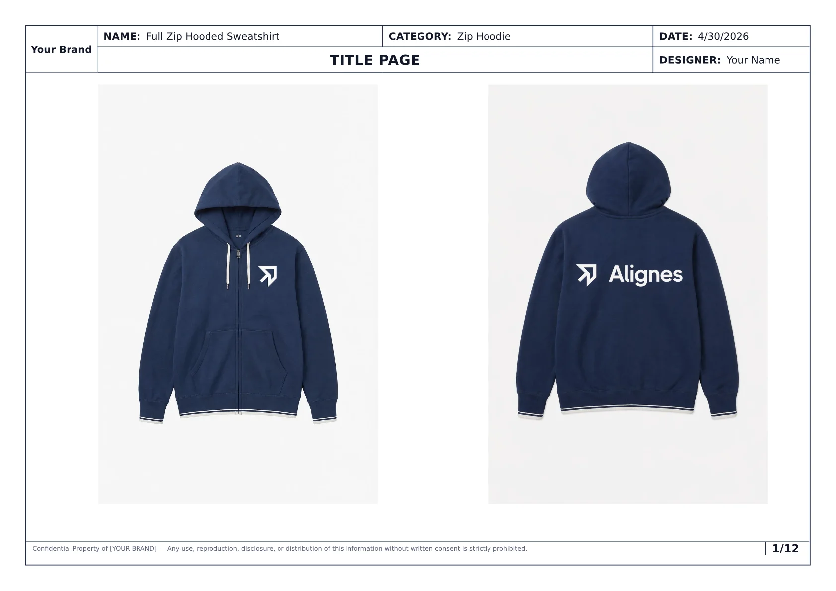 Title page preview from the Full Zip Hooded Sweatshirt sample tech pack